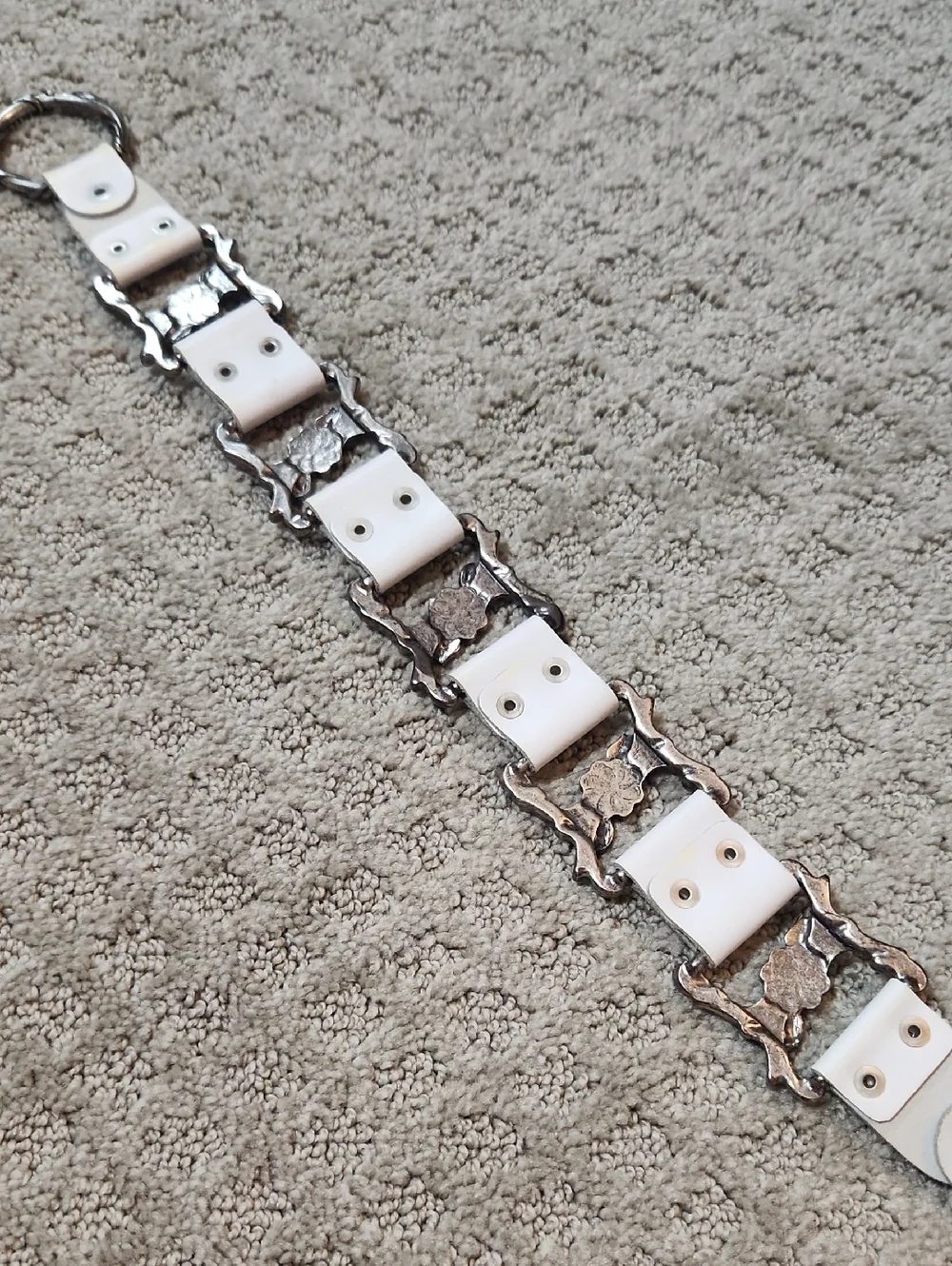 Lorena Antoniazzi White Leather Floral Embossed Silver Pewter XL Waist Belt